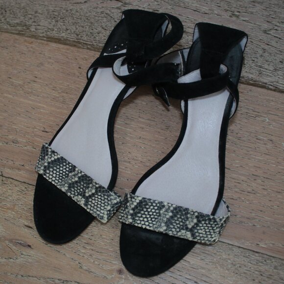 Johnson &amp; Murphy Black Suede Leather Snakeskin Strappy Ankle Strap Heels Size 10